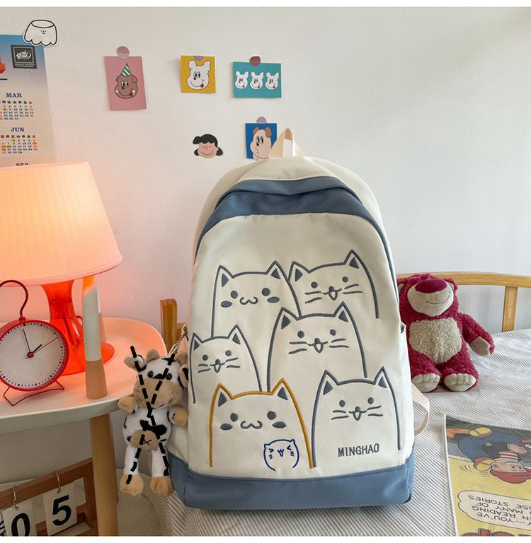Korean Kawaii Cat School Backpack – Embroidered Nylon Bag, 5 Colours