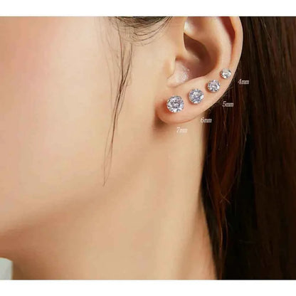 Cz Stud Earrings - 925 Sterling Silver Platinum Plated - Round Cubic Zirconia Hypoallergenic Earrings 4Mm 5Mm 6Mm 7Mm Bse166
