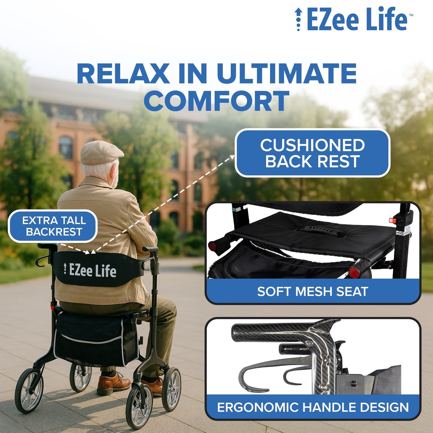 EZee Life Carbon Fiber Rollator CH3018 | Ultra-Lightweight 5.8 kg Walker Canada