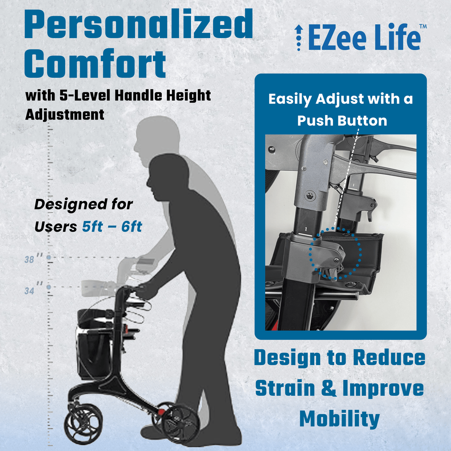 EZee Life Folding Rollator Walker CH2077 | Lightweight Height-Adjustable Mobility Aid Canada