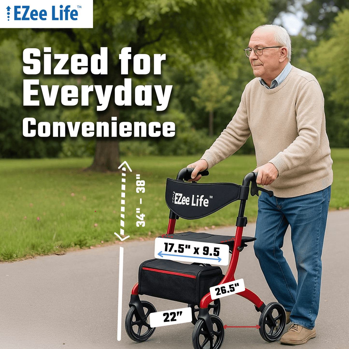 EZee Life Folding Rollator Walker CH2077 | Lightweight Height-Adjustable Mobility Aid Canada