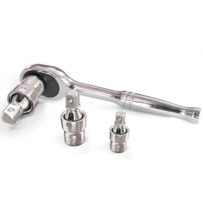 3pc Universal Joint Set, Socket Adapter 1/2", 3/8", and 1/4" drive