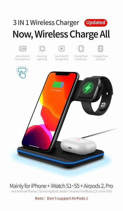 Ninja 15W Fast Wireless Charging Station - 3 in 1 Mobile Phone Charger