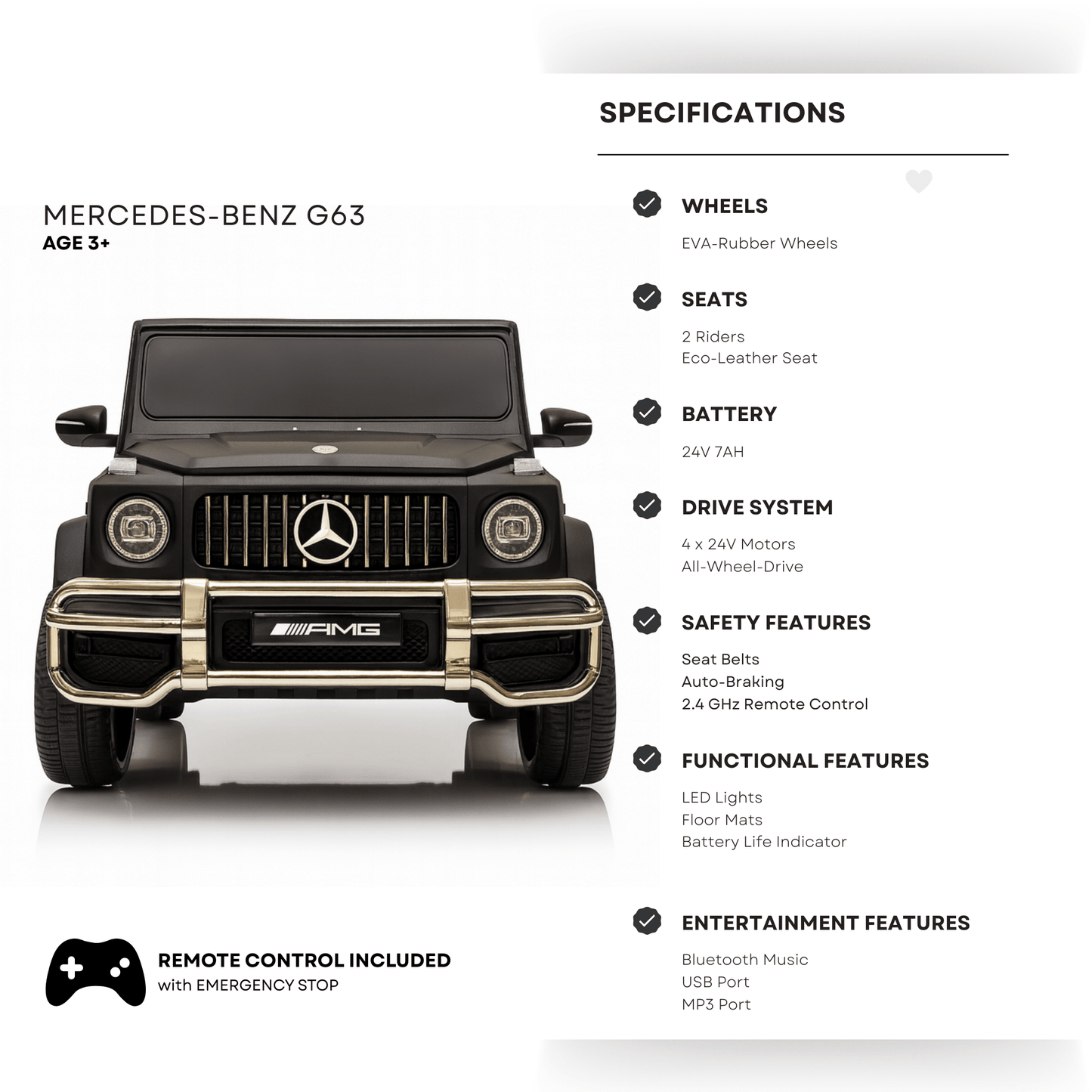 24V Exclusive Matte Black Mercedes Benz G63 2-Seater 4x4 Kids' Ride-on SUV W/ EVA Wheels, Leather Seats, Light-up Logo, BT & RC