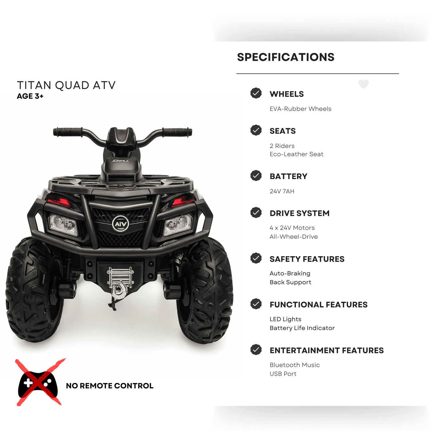 24V White Upgraded Titan Edition 4x4 Ride-On Quad ATV W/ EVA Rubber Wheels, Bluetooth Music & Lights