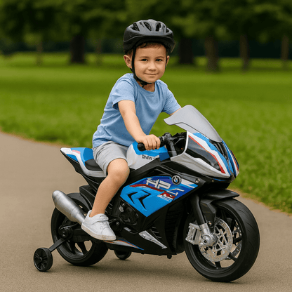 12V Blue BMW HP4 Kids' Super Motorcycle W/ EVA Rubber Wheels, Music & Lights
