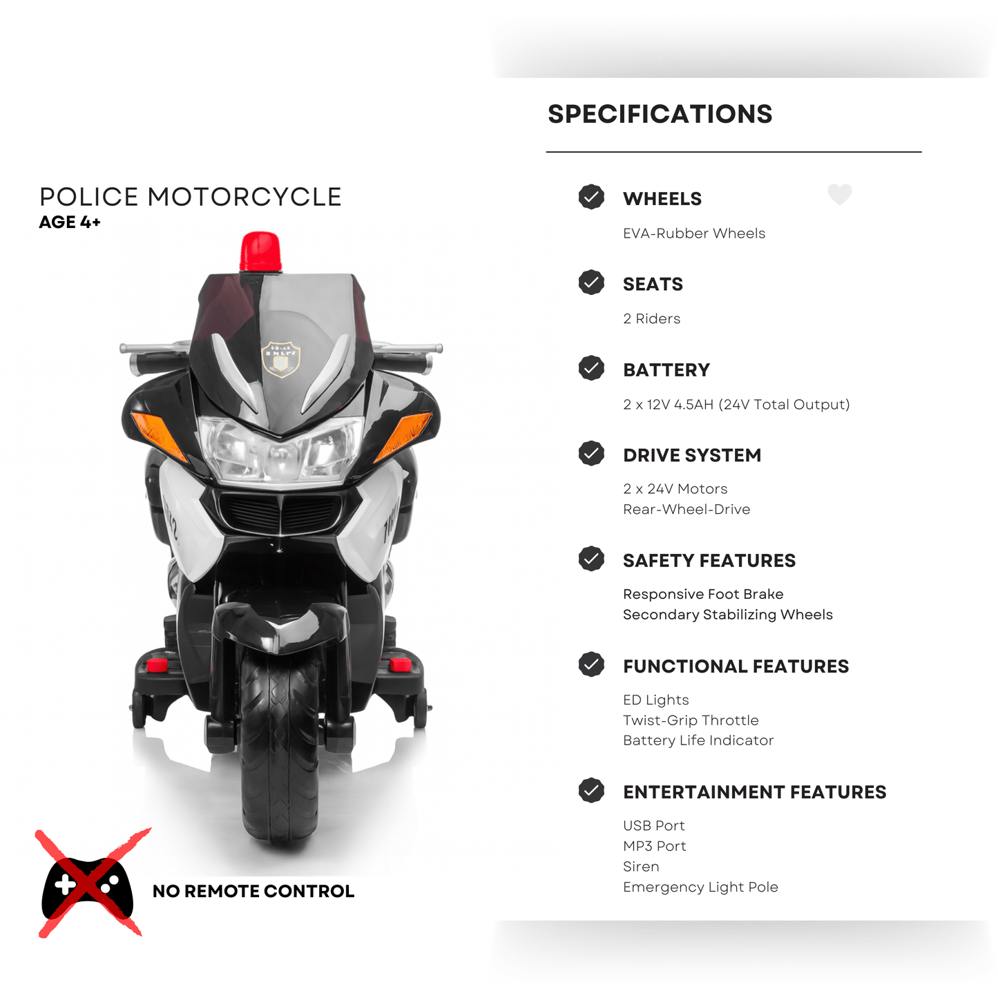 24V Police Officer Edition Kids' Motorcycle W/ Rubber Wheels, Emergency Siren, Lights & Music