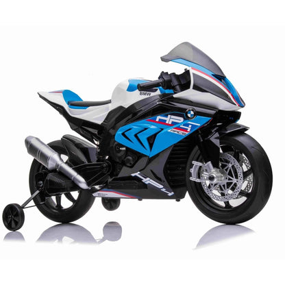 12V Blue BMW HP4 Kids' Super Motorcycle W/ EVA Rubber Wheels, Music & Lights