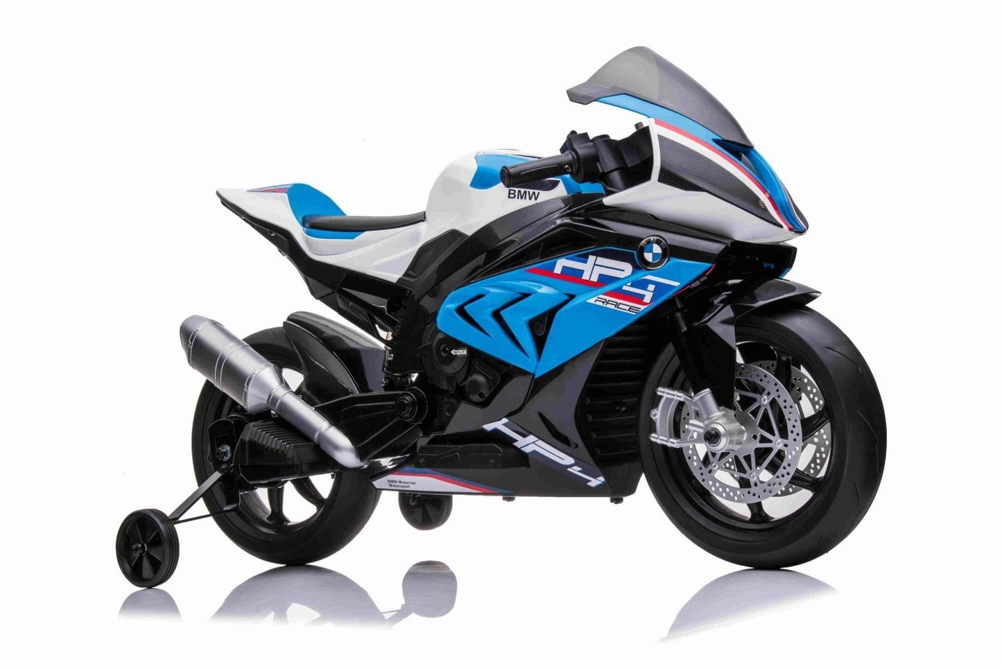 12V Blue BMW HP4 Kids' Super Motorcycle W/ EVA Rubber Wheels, Music & Lights