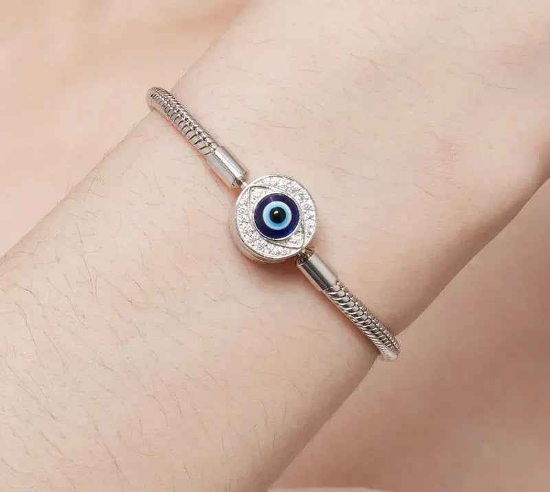 Sterling Silver Evil Eye Charm Bracelet with CZ – Snake Chain