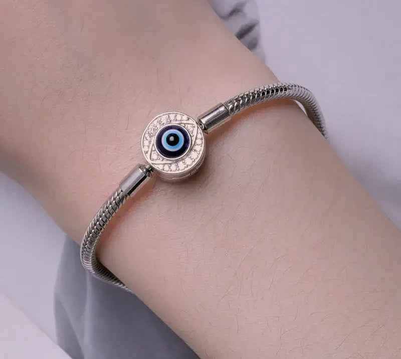Sterling Silver Evil Eye Charm Bracelet with CZ – Snake Chain