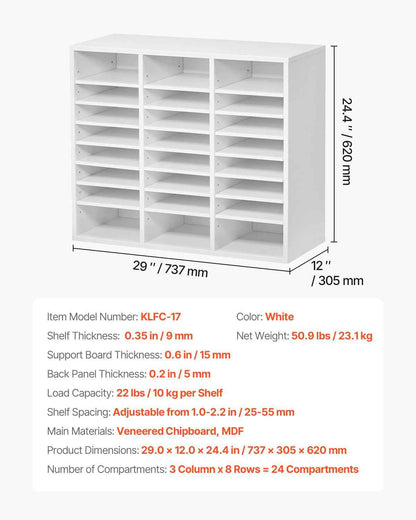 VEVOR Wooden Literature Organizer 24 Compartments with Adjustable Shelves White